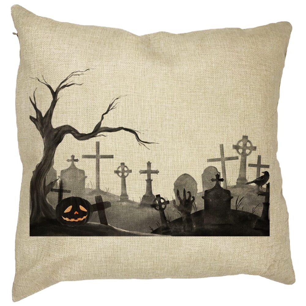 Perna Decorativa cu motiv Cimitir de Halloween, 40x40 cm, Husa Detasabila, Burduf 13 Perna Decorativa cu motiv Cimitir de Halloween