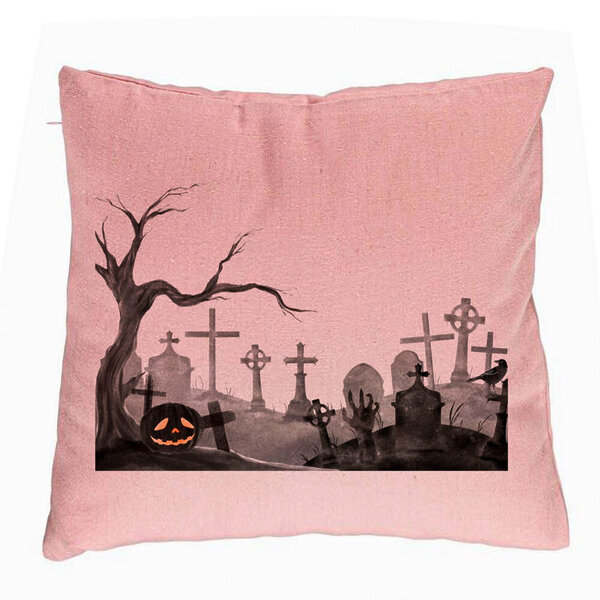 Perna Decorativa cu motiv Cimitir de Halloween, 40x40 cm, Roz, Husa Detasabila, Burduf 5 Perna Decorativa cu motiv Cimitir de Halloween