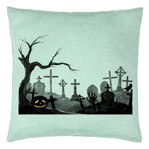 Perna Decorativa cu motiv Cimitir de Halloween, 40x40 cm, Verde Menta, Husa Detasabila, Burduf 5 Perna Decorativa cu motiv Cimitir de Halloween