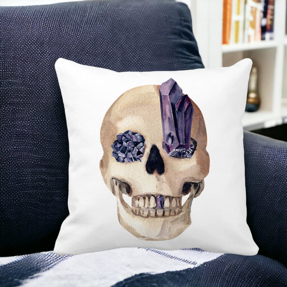 Perna Decorativa cu motiv Craniu de Halloween, 1, 40x40 cm, Alba, Mata, Husa Detasabila, Burduf 12 1