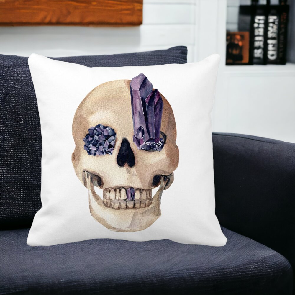 Perna Decorativa cu motiv Craniu de Halloween, 1, 40x40 cm, Alba, Mata, Husa Detasabila, Burduf 13 40x40 cm