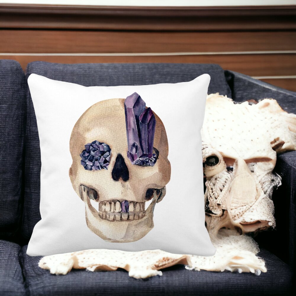 Perna Decorativa cu motiv Craniu de Halloween, 1, 40x40 cm, Alba, Mata, Husa Detasabila, Burduf 14 Alba