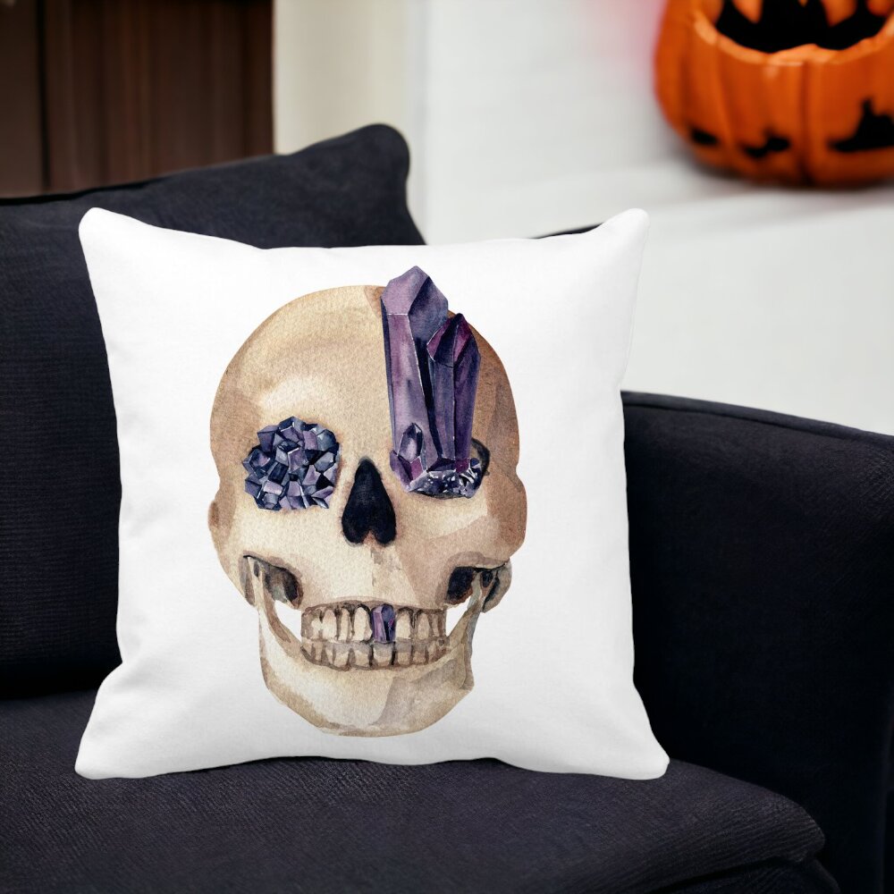 Perna Decorativa cu motiv Craniu de Halloween, 1, 40x40 cm, Alba, Mata, Husa Detasabila, Burduf 15 Mata
