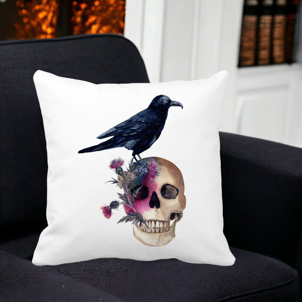 Perna Decorativa cu motiv Craniu si Cioara de Halloween, 40x40 cm, Alba, Mata, Husa Detasabila, Burduf 12 40x40 cm