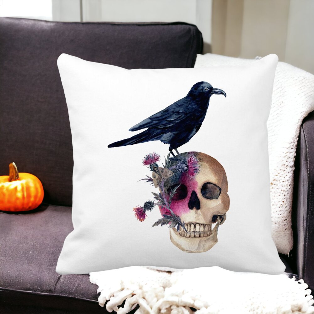 Perna Decorativa cu motiv Craniu si Cioara de Halloween, 40x40 cm, Alba, Mata, Husa Detasabila, Burduf 13 Alba