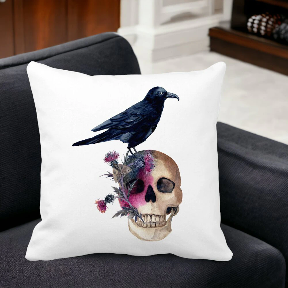 Perna Decorativa cu motiv Craniu si Cioara de Halloween, 40x40 cm, Alba, Mata, Husa Detasabila, Burduf 15 Husa Detasabila