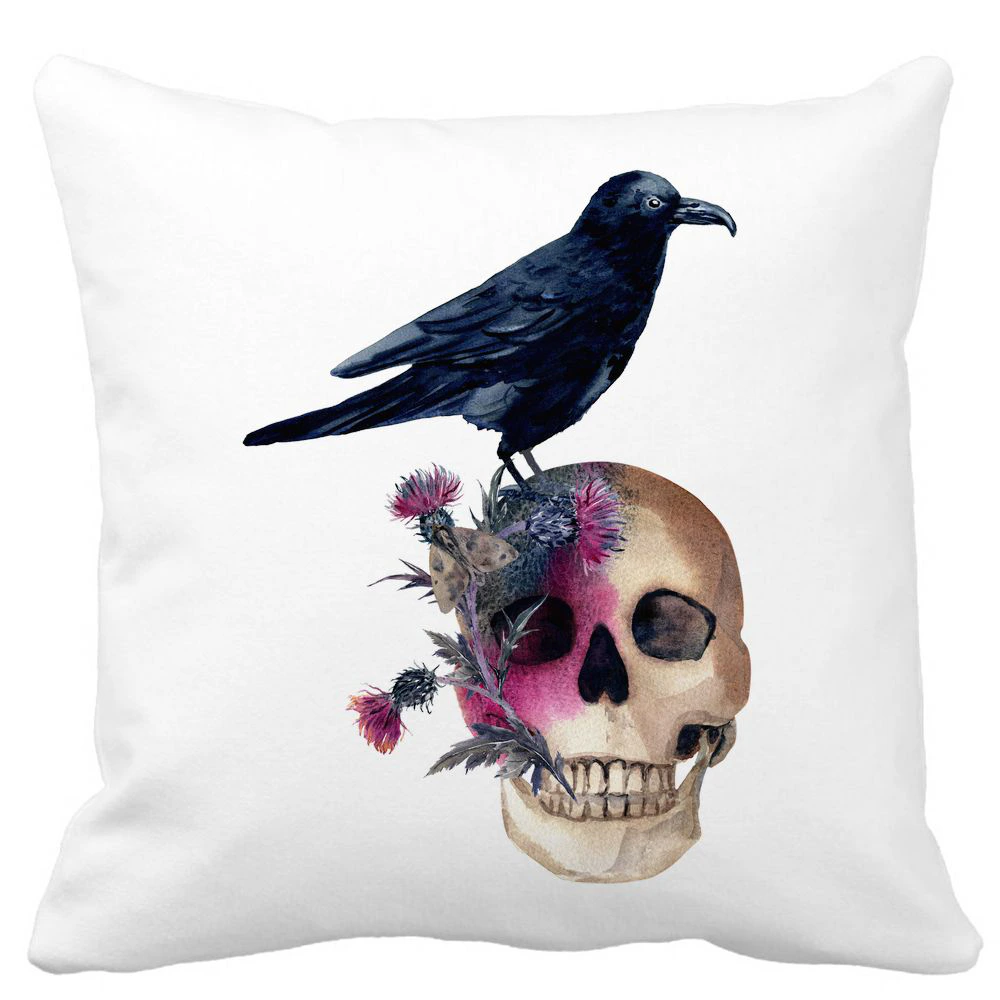Perna Decorativa cu motiv Craniu si Cioara de Halloween, 40x40 cm, Alba, Mata, Husa Detasabila, Burduf 11 Perna Decorativa cu motiv Craniu si Cioara de Halloween