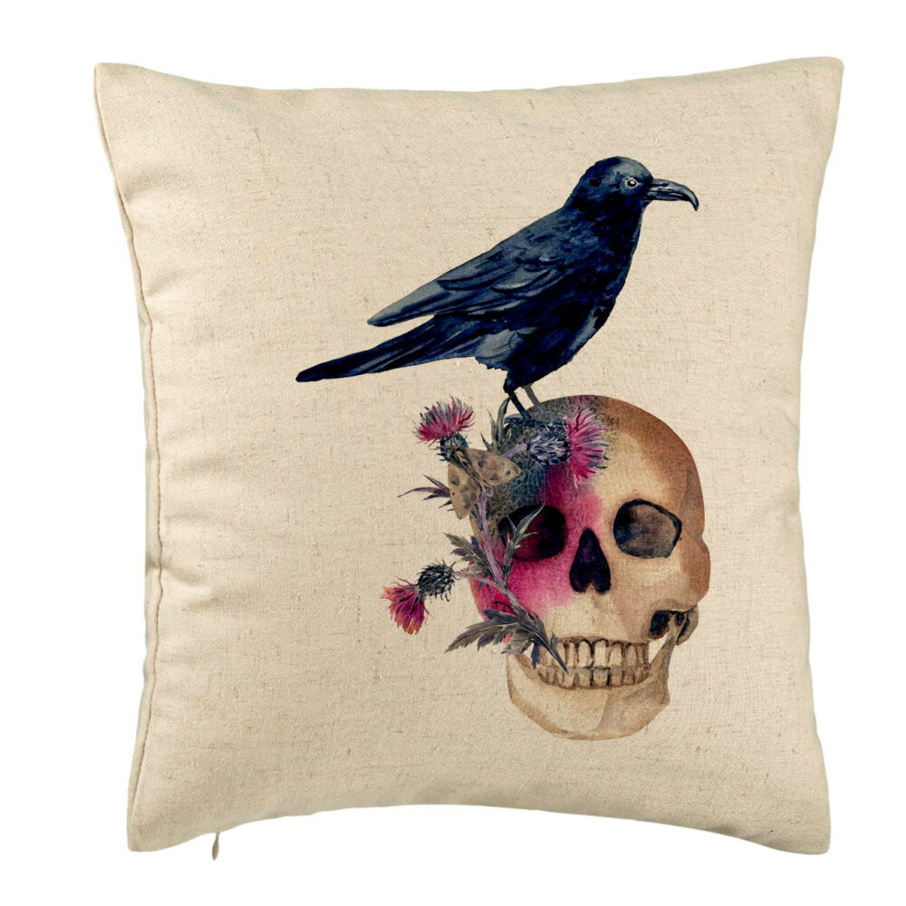 Perna Decorativa cu motiv Craniu si Cioara de Halloween, 40x40 cm, Bej, Husa Detasabila, Burduf 5 Perna Decorativa cu motiv Craniu si Cioara de Halloween