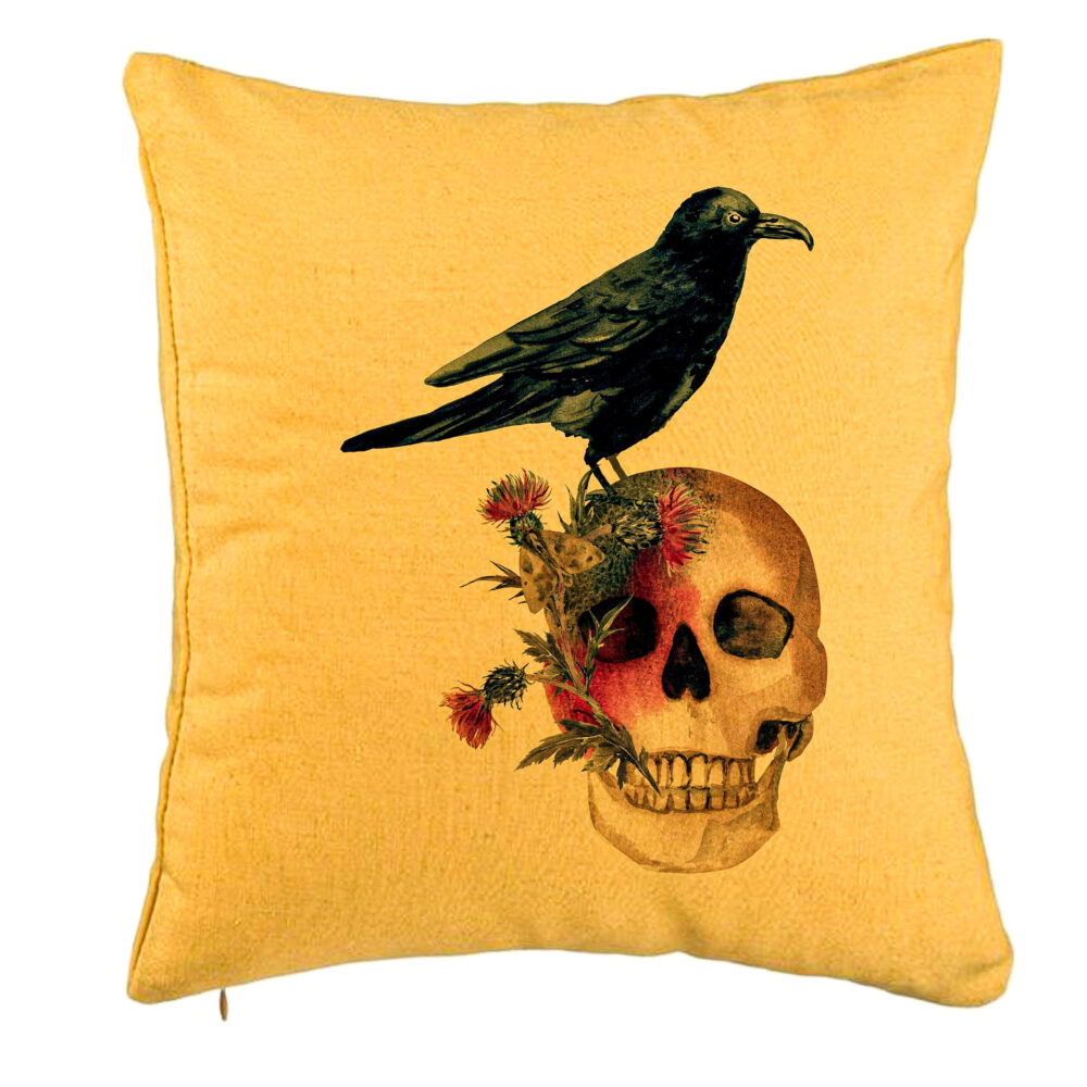 Perna Decorativa cu motiv Craniu si Cioara de Halloween, 40x40 cm, Galben, Husa Detasabila, Burduf 5 Perna Decorativa cu motiv Craniu si Cioara de Halloween