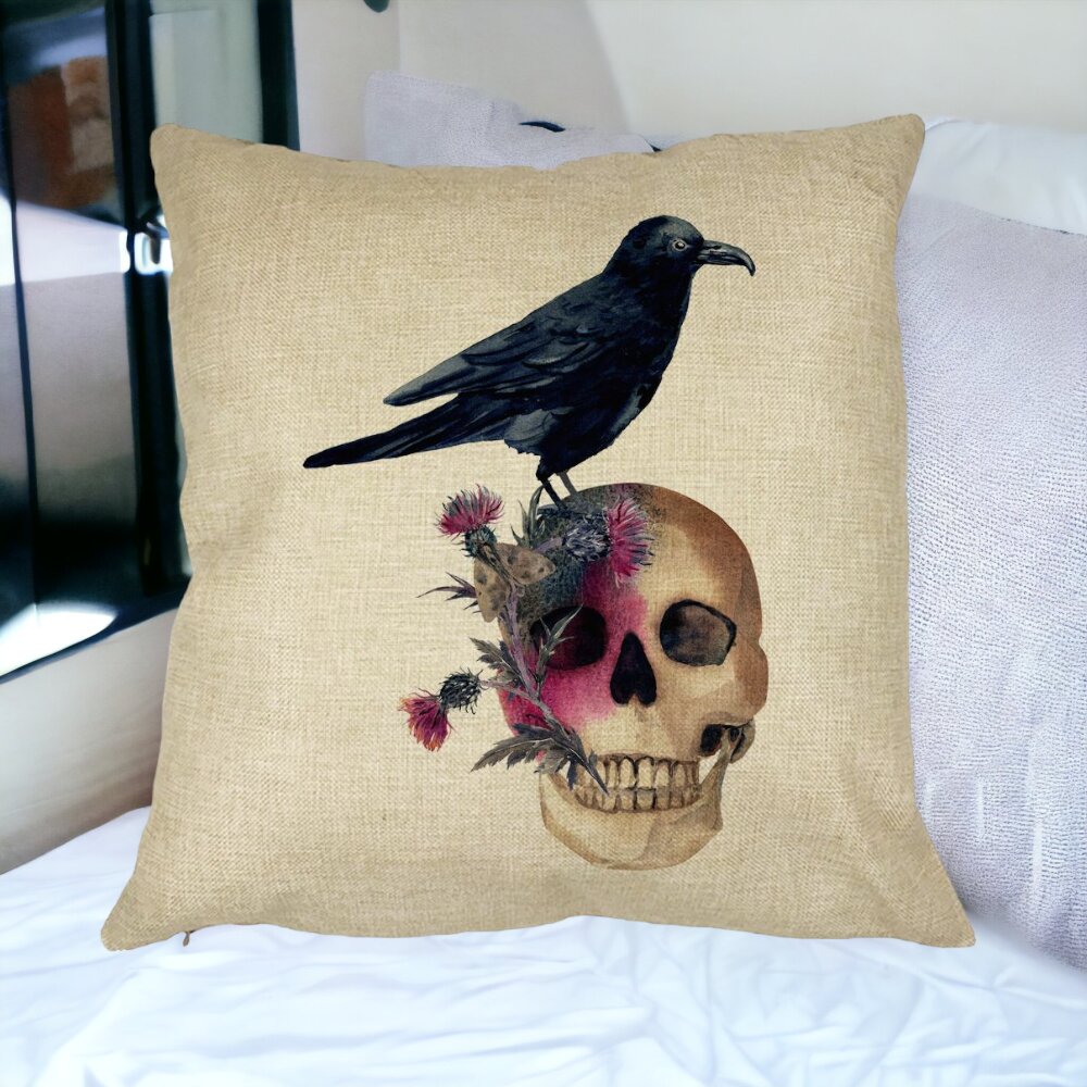 Perna Decorativa cu motiv Craniu si Cioara de Halloween, 40x40 cm, Husa Detasabila, Burduf 14 Burduf