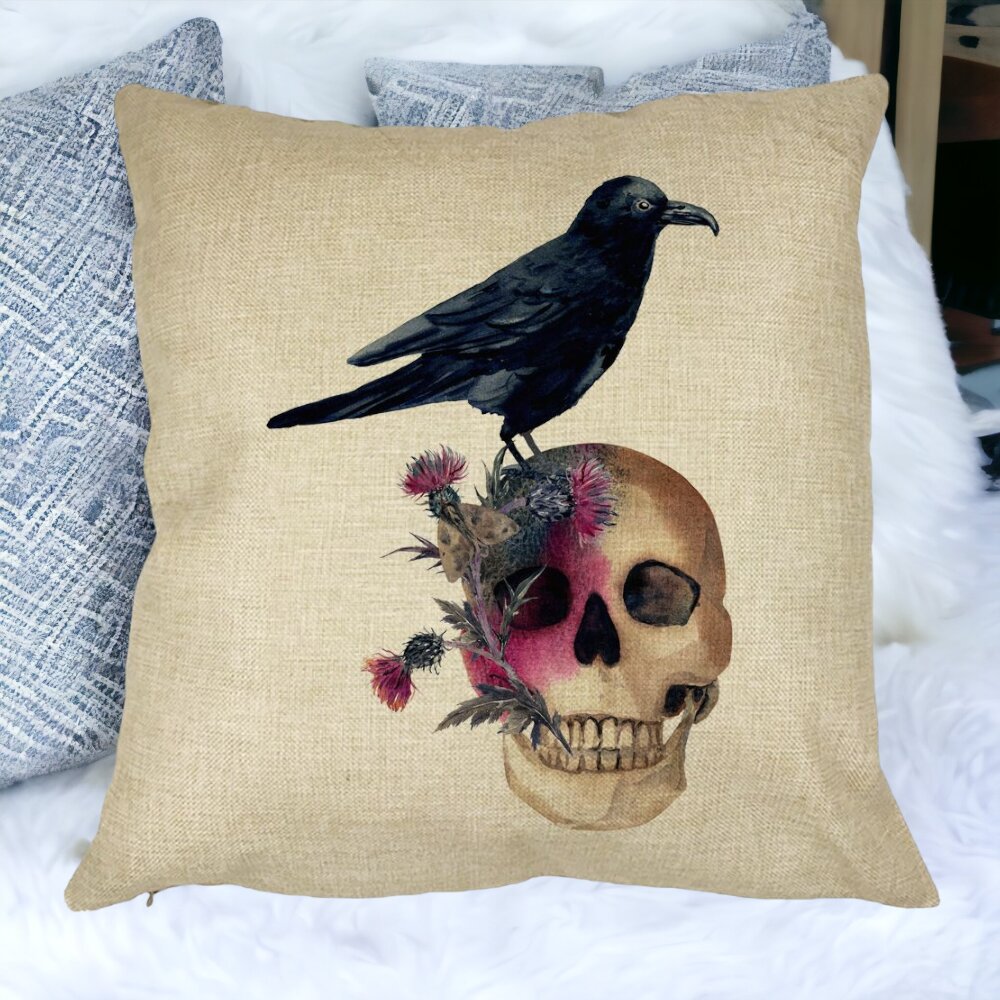 Perna Decorativa cu motiv Craniu si Cioara de Halloween, 40x40 cm, Husa Detasabila, Burduf 15 Perna Decorativa cu motiv Craniu si Cioara de Halloween 40x40 cm Husa Detasabila Burduf bsc0535 4