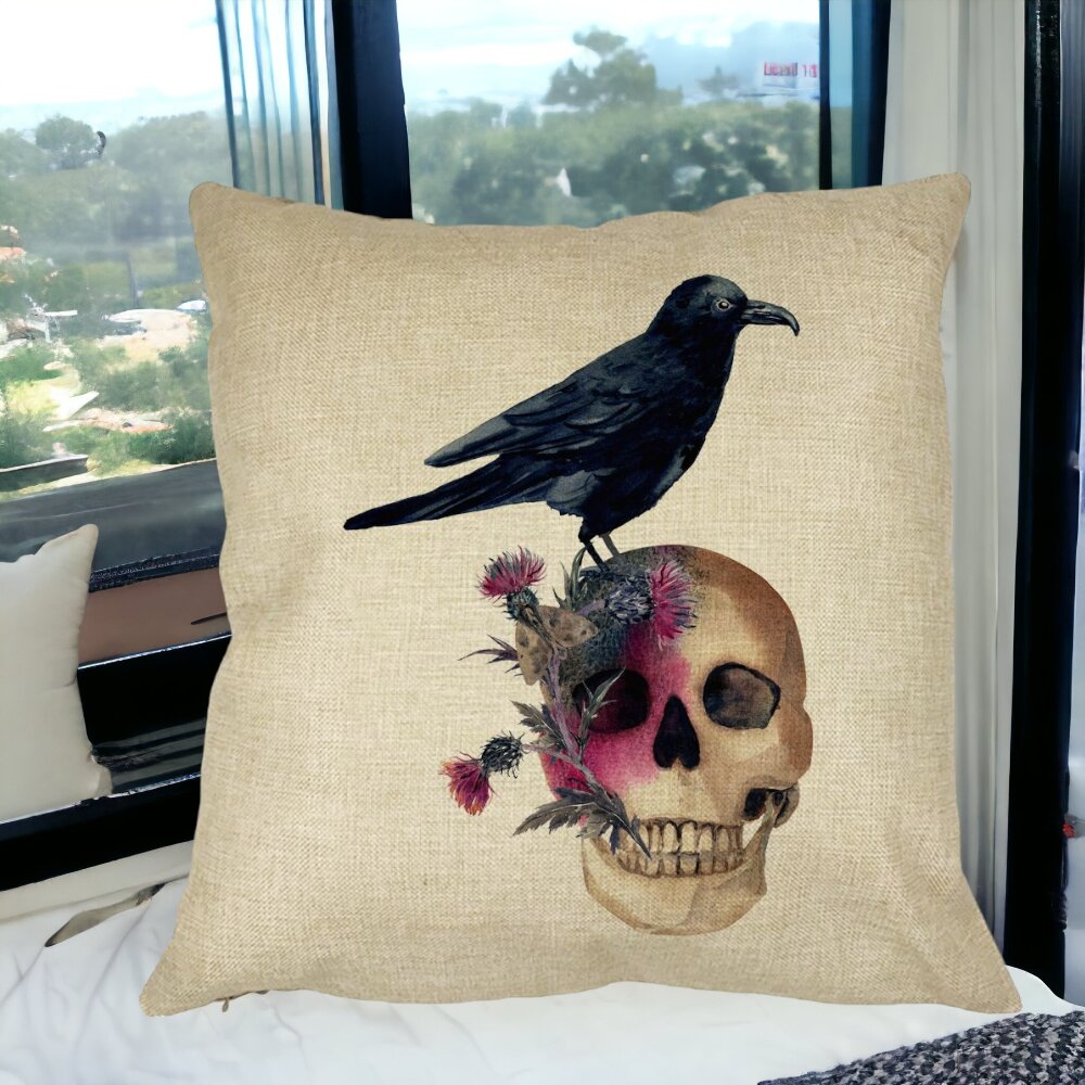 Perna Decorativa cu motiv Craniu si Cioara de Halloween, 40x40 cm, Husa Detasabila, Burduf 16 Perna Decorativa cu motiv Craniu si Cioara de Halloween 40x40 cm Husa Detasabila Burduf bsc0535 5
