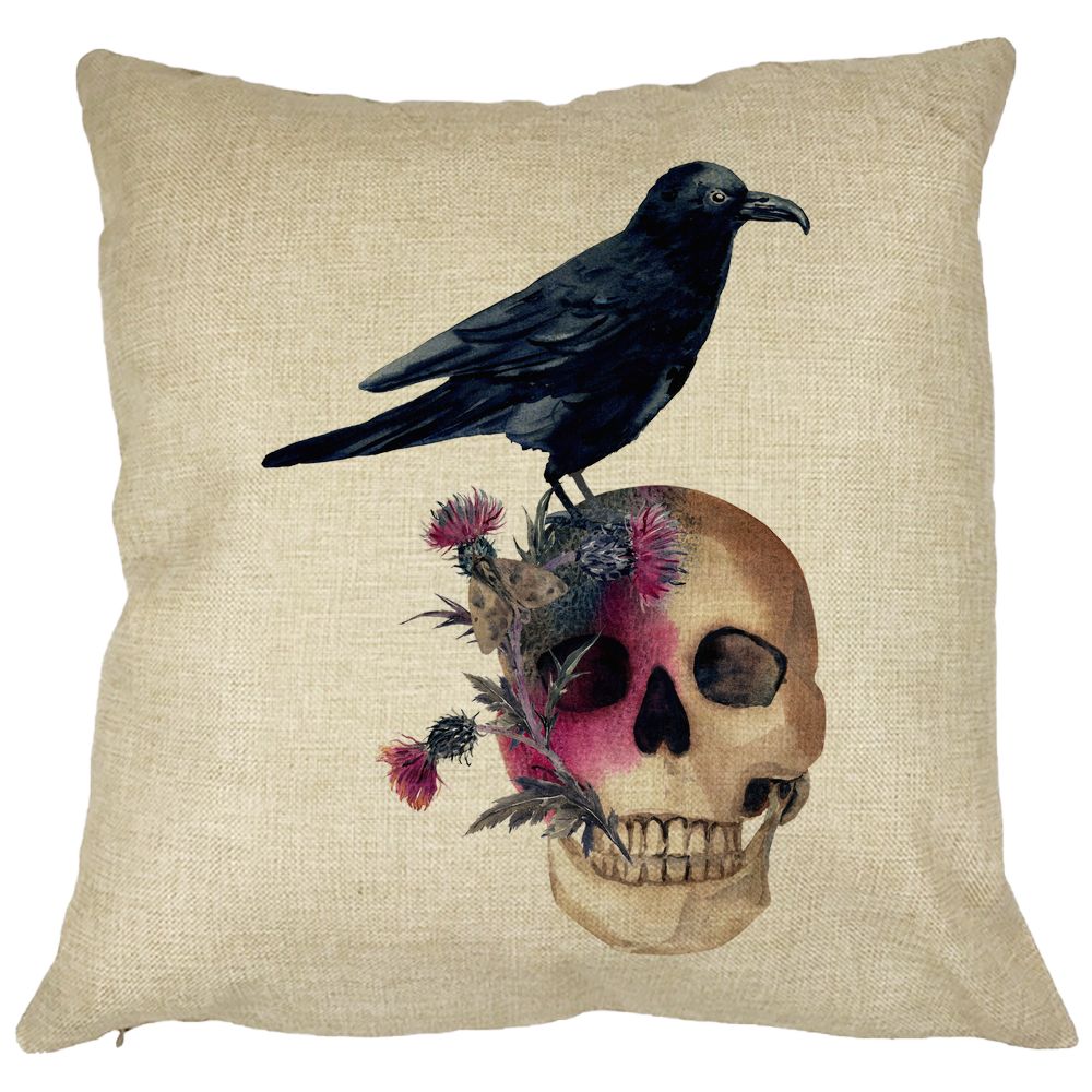 Perna Decorativa cu motiv Craniu si Cioara de Halloween, 40x40 cm, Husa Detasabila, Burduf 13 Perna Decorativa cu motiv Craniu si Cioara de Halloween