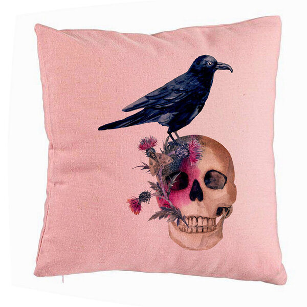 Perna Decorativa cu motiv Craniu si Cioara de Halloween, 40x40 cm, Roz, Husa Detasabila, Burduf 5 Perna Decorativa cu motiv Craniu si Cioara de Halloween
