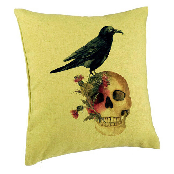 Perna Decorativa cu motiv Craniu si Cioara de Halloween, 40x40 cm, Verde, Husa Detasabila, Burduf 5 Perna Decorativa cu motiv Craniu si Cioara de Halloween