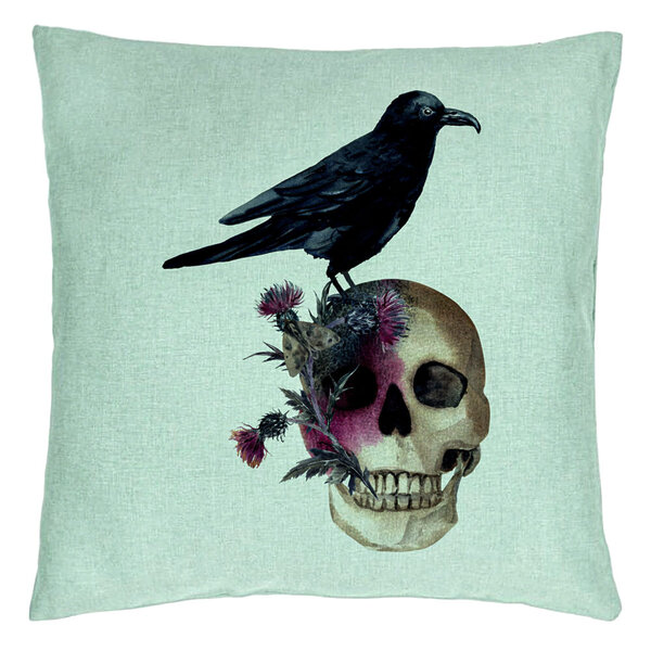 Perna Decorativa cu motiv Craniu si Cioara de Halloween, 40x40 cm, Verde Menta, Husa Detasabila, Burduf 5 Perna Decorativa cu motiv Craniu si Cioara de Halloween