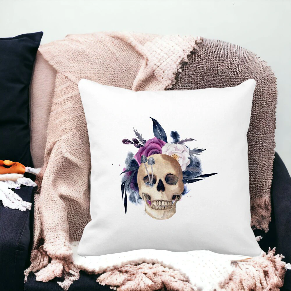 Perna Decorativa cu motiv Craniu si Flori de Halloween, 40x40 cm, Alba, Mata, Husa Detasabila, Burduf 8 40x40 cm