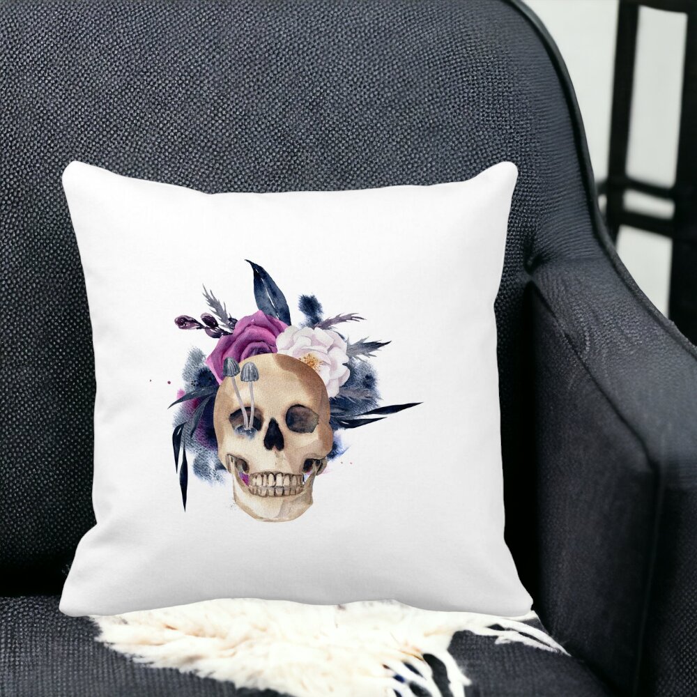 Perna Decorativa cu motiv Craniu si Flori de Halloween, 40x40 cm, Alba, Mata, Husa Detasabila, Burduf 9 Alba