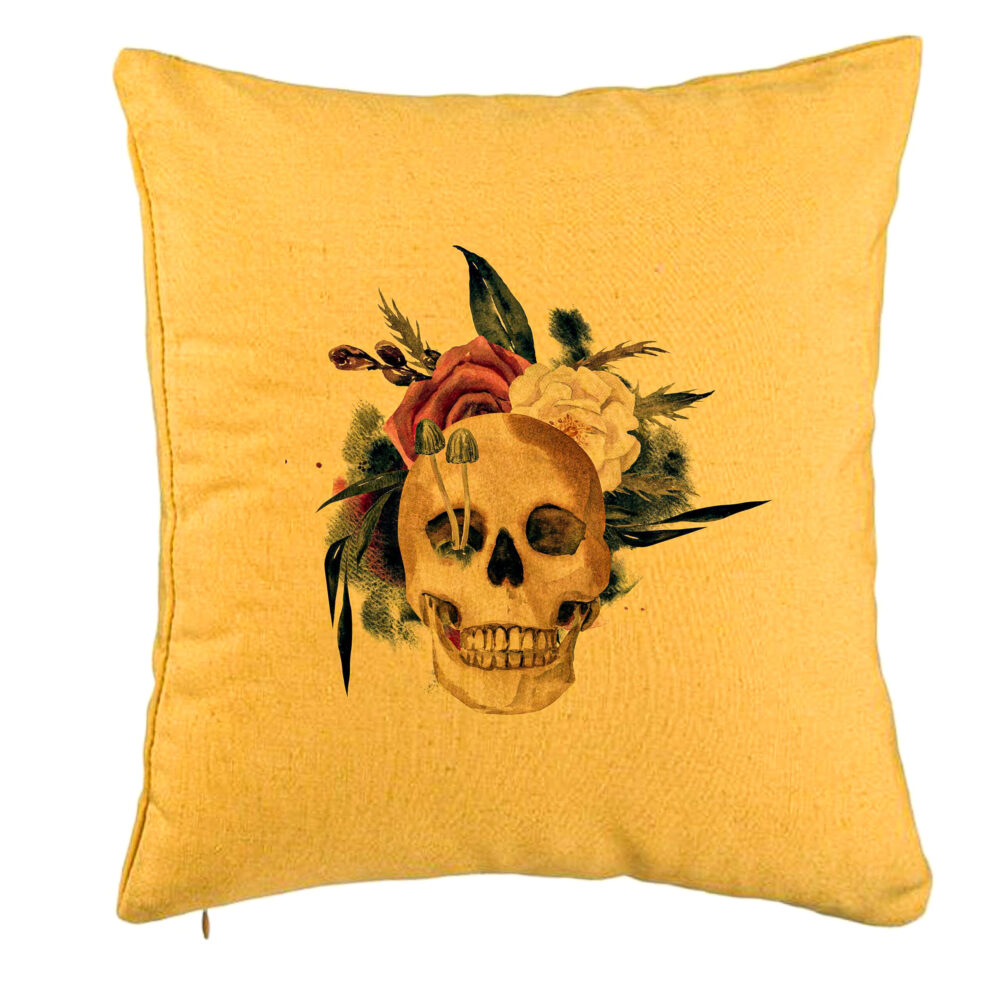 Perna Decorativa cu motiv Craniu si Flori de Halloween, 40x40 cm, Galben, Husa Detasabila, Burduf 5 Perna Decorativa cu motiv Craniu si Flori de Halloween
