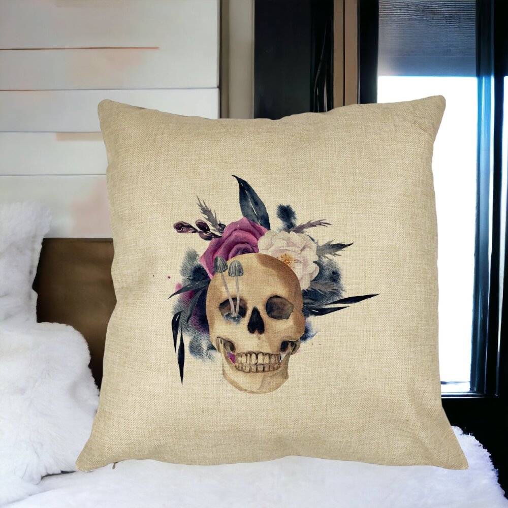 Perna Decorativa cu motiv Craniu si Flori de Halloween, 40x40 cm, Husa Detasabila, Burduf 14 Burduf