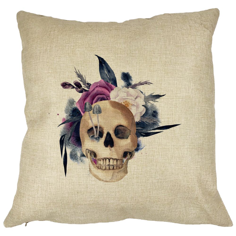 Perna Decorativa cu motiv Craniu si Flori de Halloween, 40x40 cm, Husa Detasabila, Burduf 13 Perna Decorativa cu motiv Craniu si Flori de Halloween