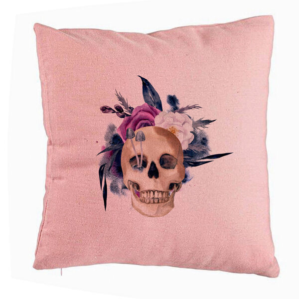 Perna Decorativa cu motiv Craniu si Flori de Halloween, 40x40 cm, Roz, Husa Detasabila, Burduf 5 Perna Decorativa cu motiv Craniu si Flori de Halloween