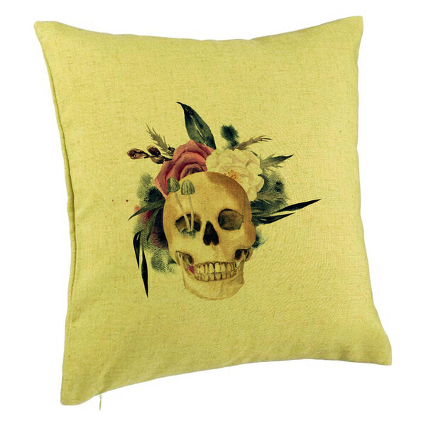 Perna Decorativa cu motiv Craniu si Flori de Halloween, 40x40 cm, Verde, Husa Detasabila, Burduf 5 Perna Decorativa cu motiv Craniu si Flori de Halloween