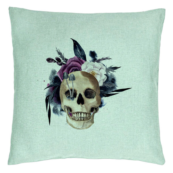 Perna Decorativa cu motiv Craniu si Flori de Halloween, 40x40 cm, Verde Menta, Husa Detasabila, Burduf 5 Perna Decorativa cu motiv Craniu si Flori de Halloween