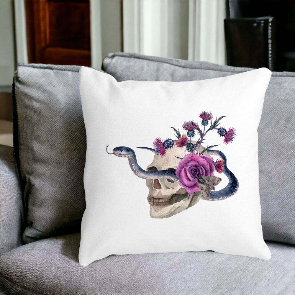Perna Decorativa cu motiv Craniu si Sarpe de Halloween, 40x40 cm, Alba, Mata, Husa Detasabila, Burduf 12 40x40 cm