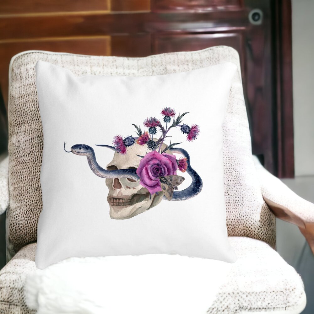 Perna Decorativa cu motiv Craniu si Sarpe de Halloween, 40x40 cm, Alba, Mata, Husa Detasabila, Burduf 13 Alba