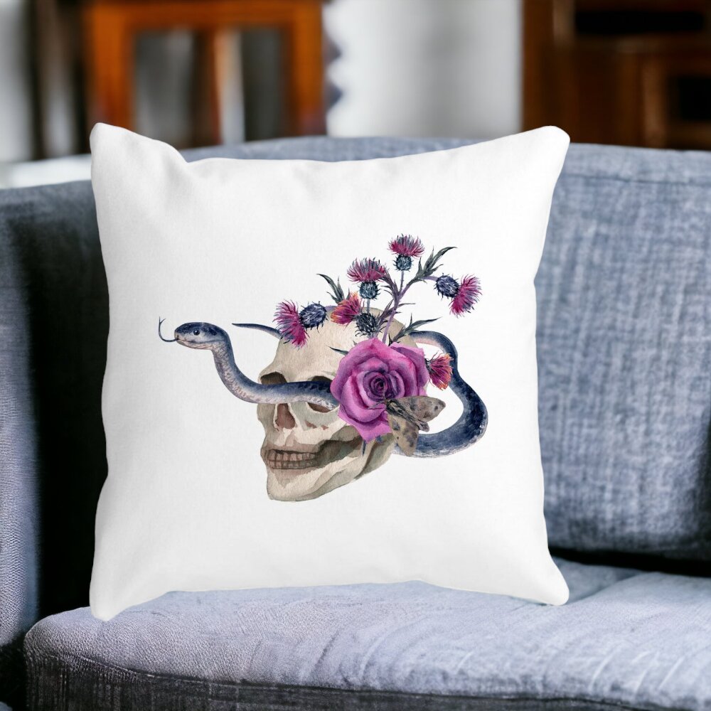 Perna Decorativa cu motiv Craniu si Sarpe de Halloween, 40x40 cm, Alba, Mata, Husa Detasabila, Burduf 14 Mata