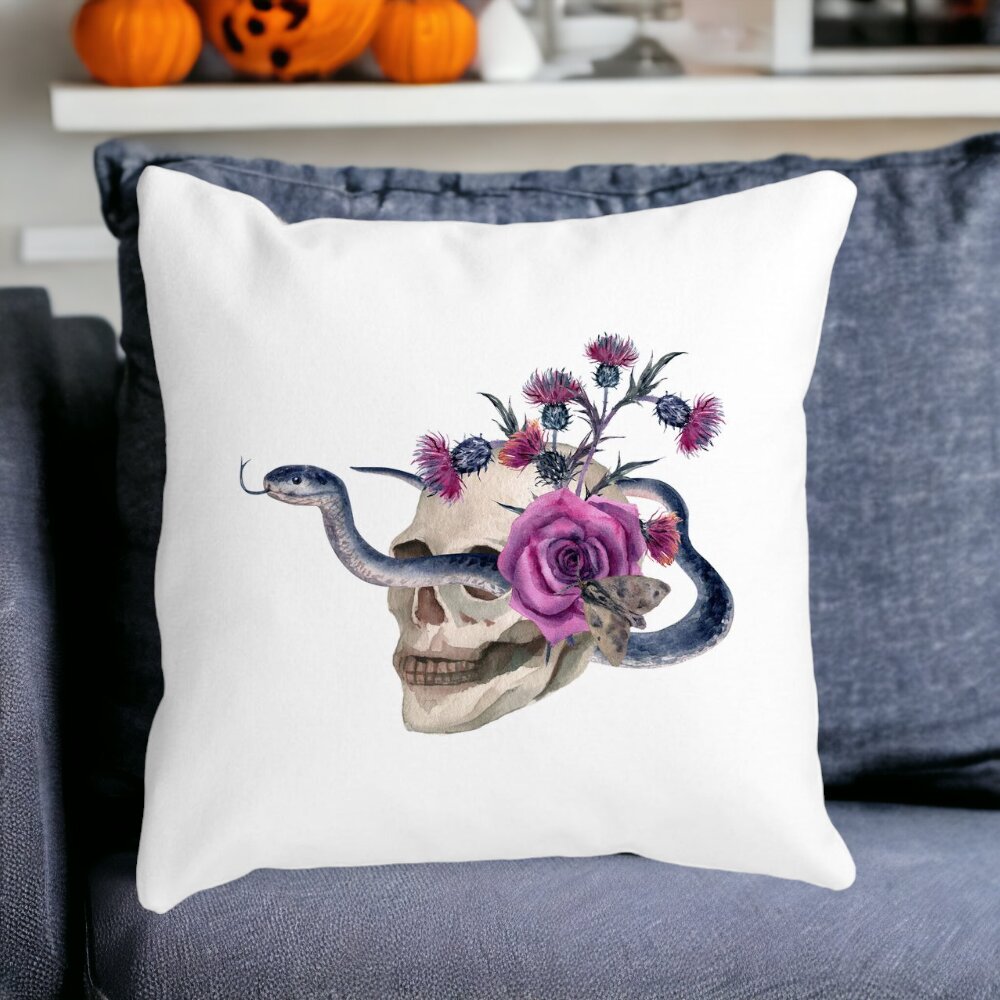 Perna Decorativa cu motiv Craniu si Sarpe de Halloween, 40x40 cm, Alba, Mata, Husa Detasabila, Burduf 15 Husa Detasabila