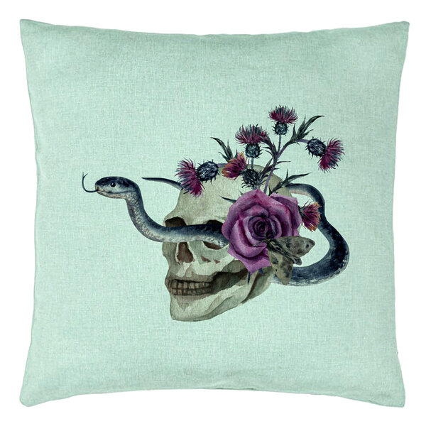 Perna Decorativa cu motiv Craniu si Sarpe de Halloween, 40x40 cm, Verde Menta, Husa Detasabila, Burduf 5 Perna Decorativa cu motiv Craniu si Sarpe de Halloween