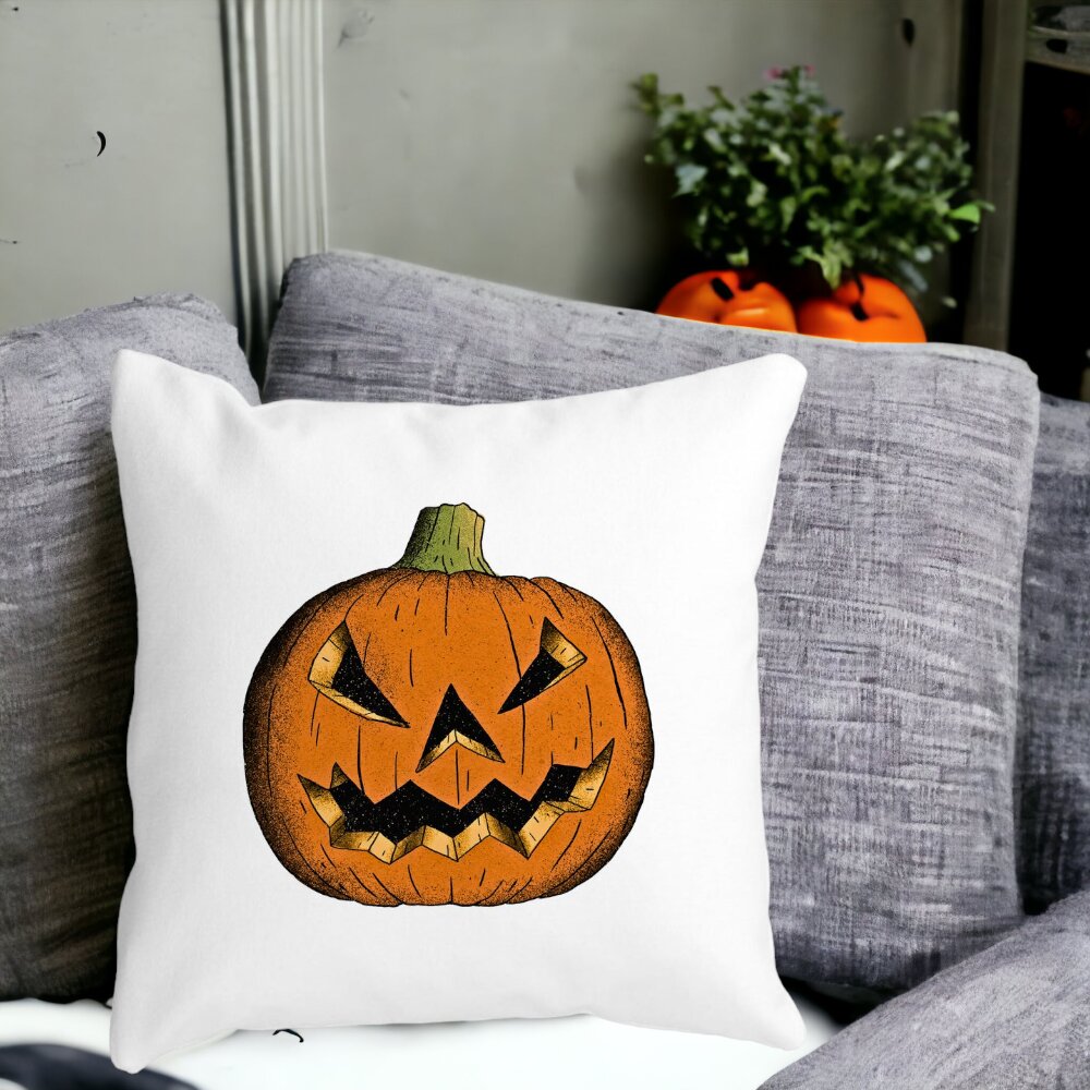 Perna Decorativa cu motiv Dovleac de Halloween 2, 40x40 cm, Alba, Mata, Husa Detasabila, Burduf 12 40x40 cm