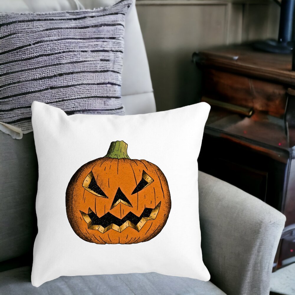 Perna Decorativa cu motiv Dovleac de Halloween 2, 40x40 cm, Alba, Mata, Husa Detasabila, Burduf 13 Alba