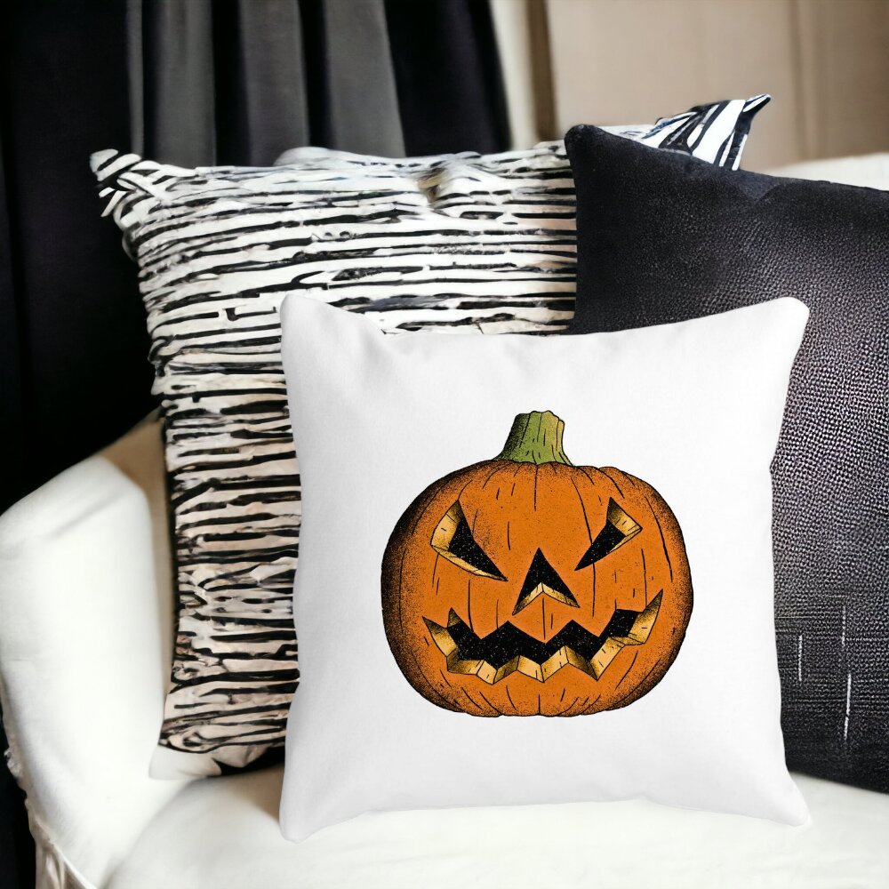 Perna Decorativa cu motiv Dovleac de Halloween 2, 40x40 cm, Alba, Mata, Husa Detasabila, Burduf 14 Mata