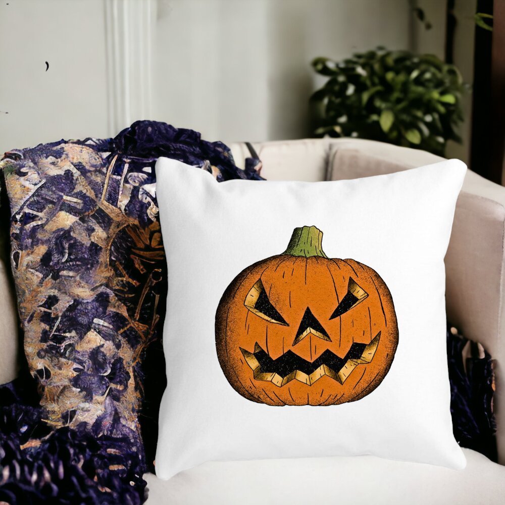 Perna Decorativa cu motiv Dovleac de Halloween 2, 40x40 cm, Alba, Mata, Husa Detasabila, Burduf 15 Husa Detasabila