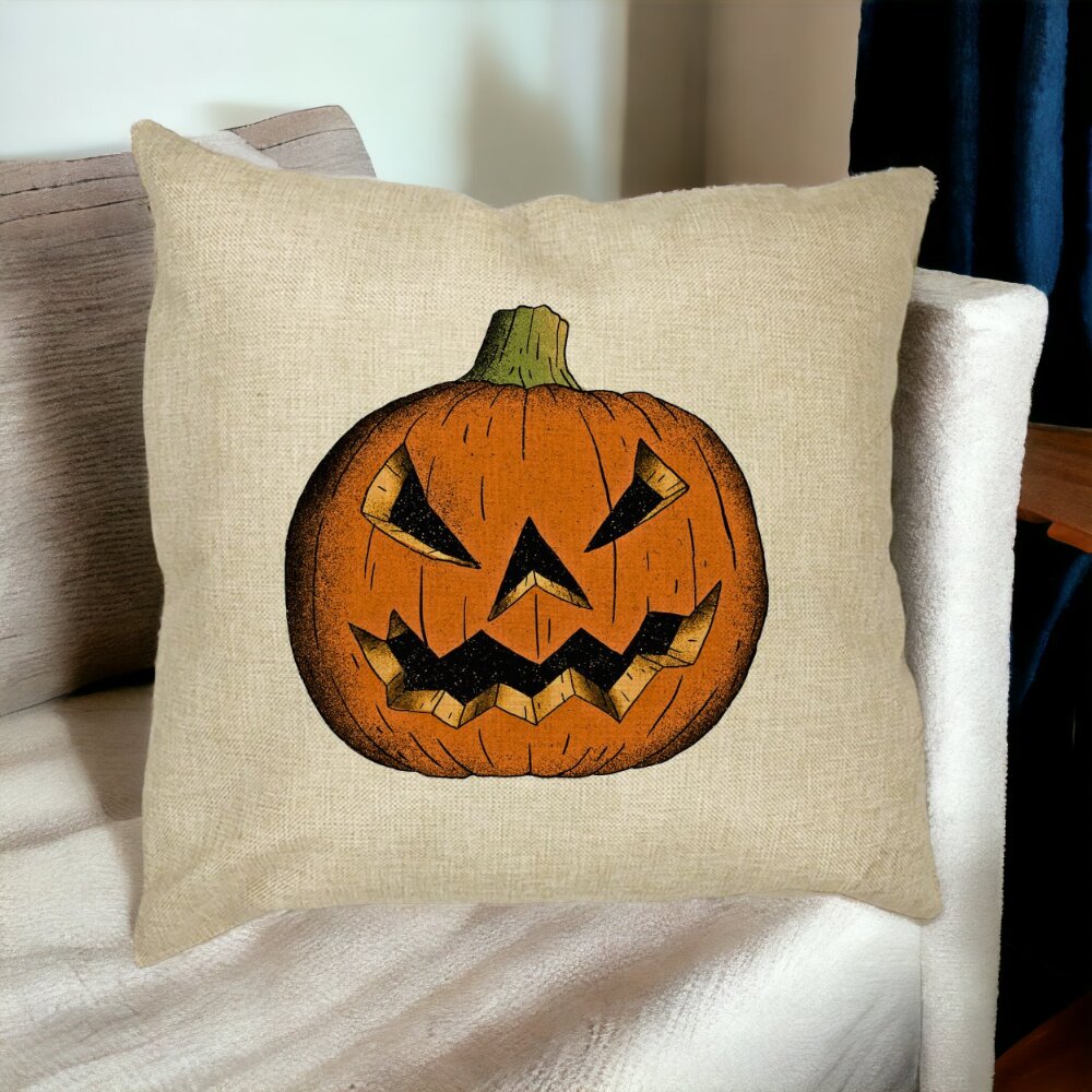 Perna Decorativa cu motiv Dovleac de Halloween 2, 40x40 cm, Husa Detasabila, Burduf 14 Burduf