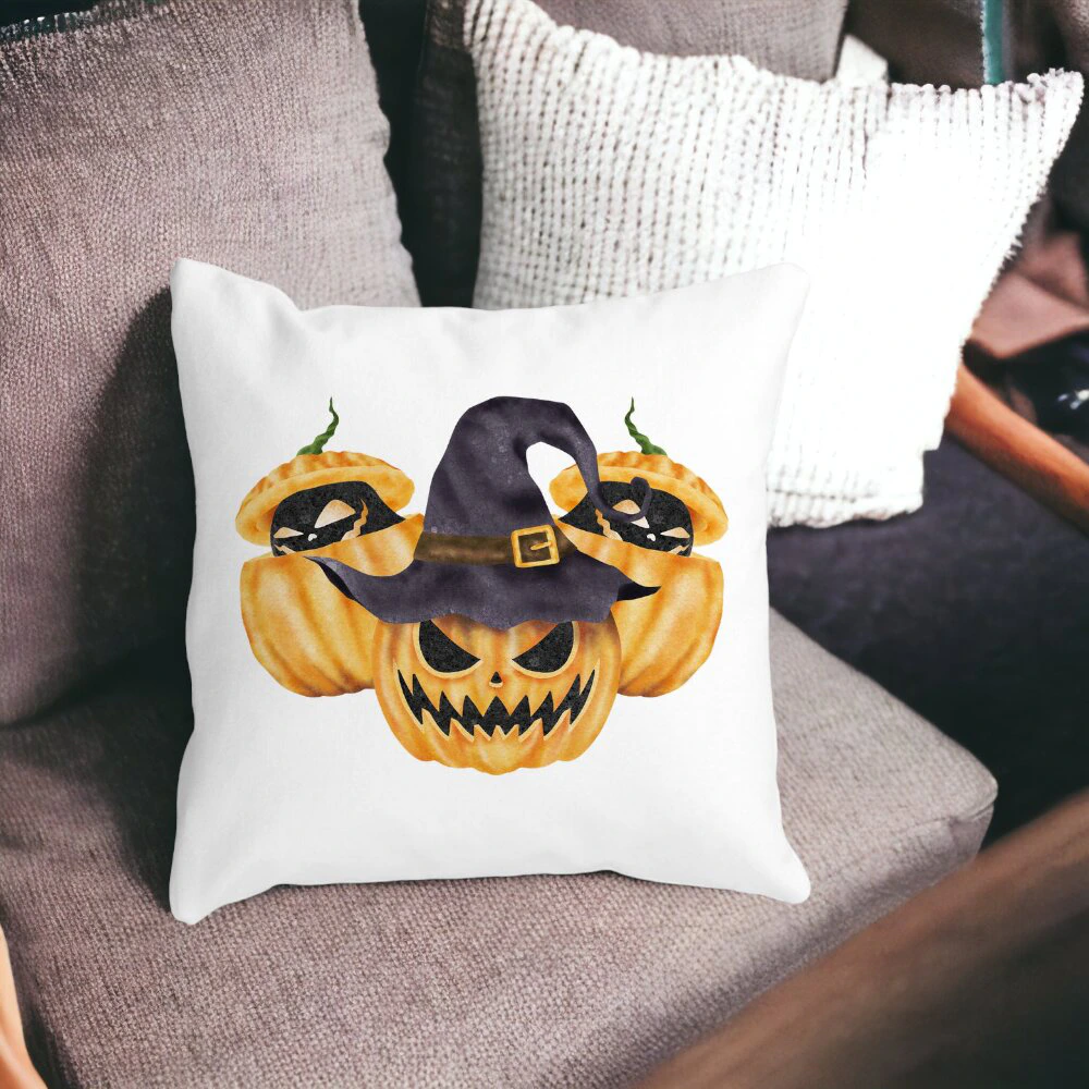 Perna Decorativa cu motiv Dovleac de Halloween 3, 40x40 cm, Alba, Mata, Husa Detasabila, Burduf 13 Alba