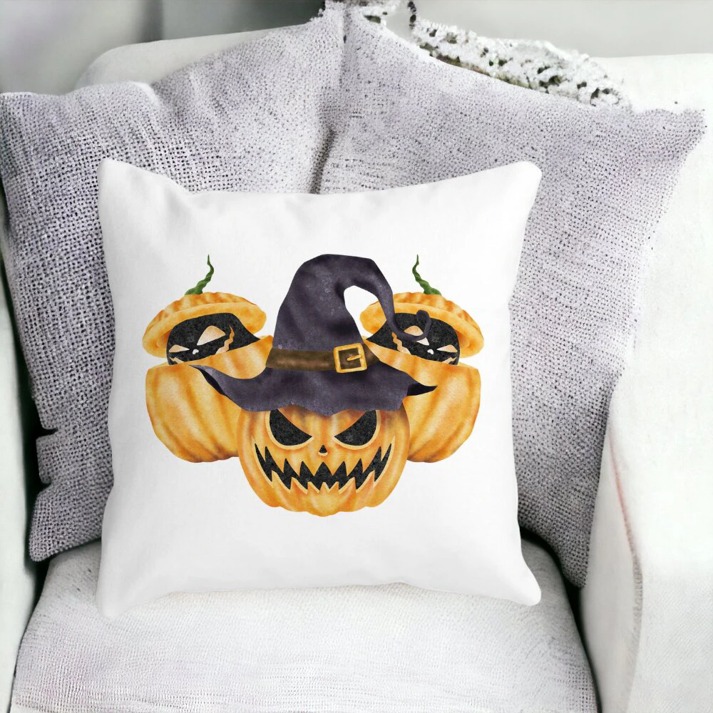 Perna Decorativa cu motiv Dovleac de Halloween 3, 40x40 cm, Alba, Mata, Husa Detasabila, Burduf 14 Mata