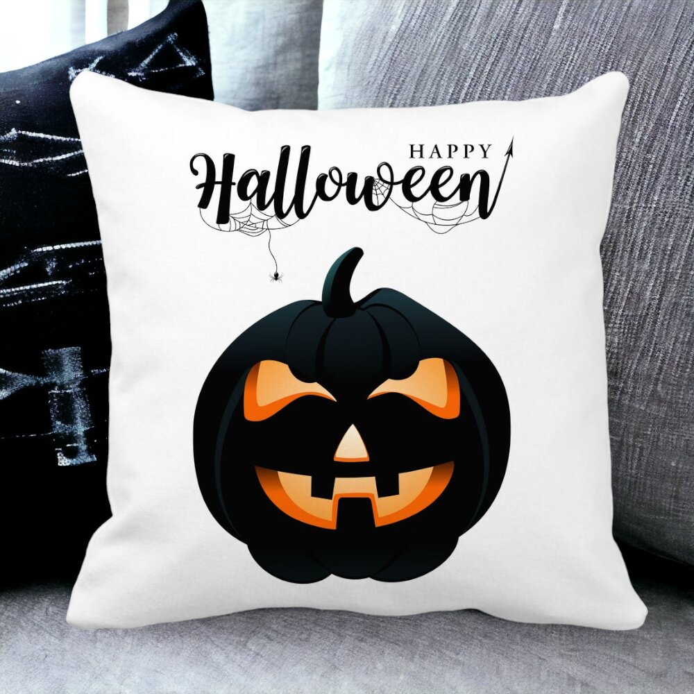 Perna Decorativa cu motiv Dovleac de Halloween si Text, 40x40 cm, Alba, Mata, Husa Detasabila, Burduf 12 40x40 cm