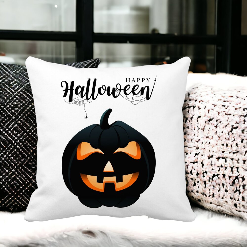 Perna Decorativa cu motiv Dovleac de Halloween si Text, 40x40 cm, Alba, Mata, Husa Detasabila, Burduf 13 Alba