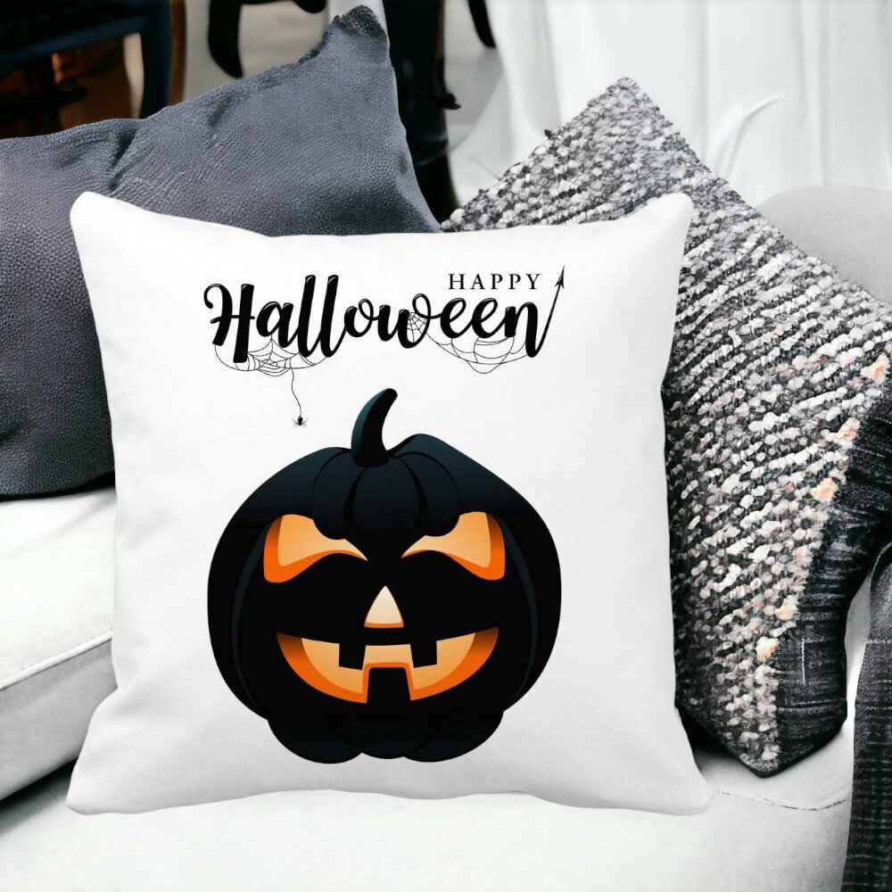 Perna Decorativa cu motiv Dovleac de Halloween si Text, 40x40 cm, Alba, Mata, Husa Detasabila, Burduf 14 Mata
