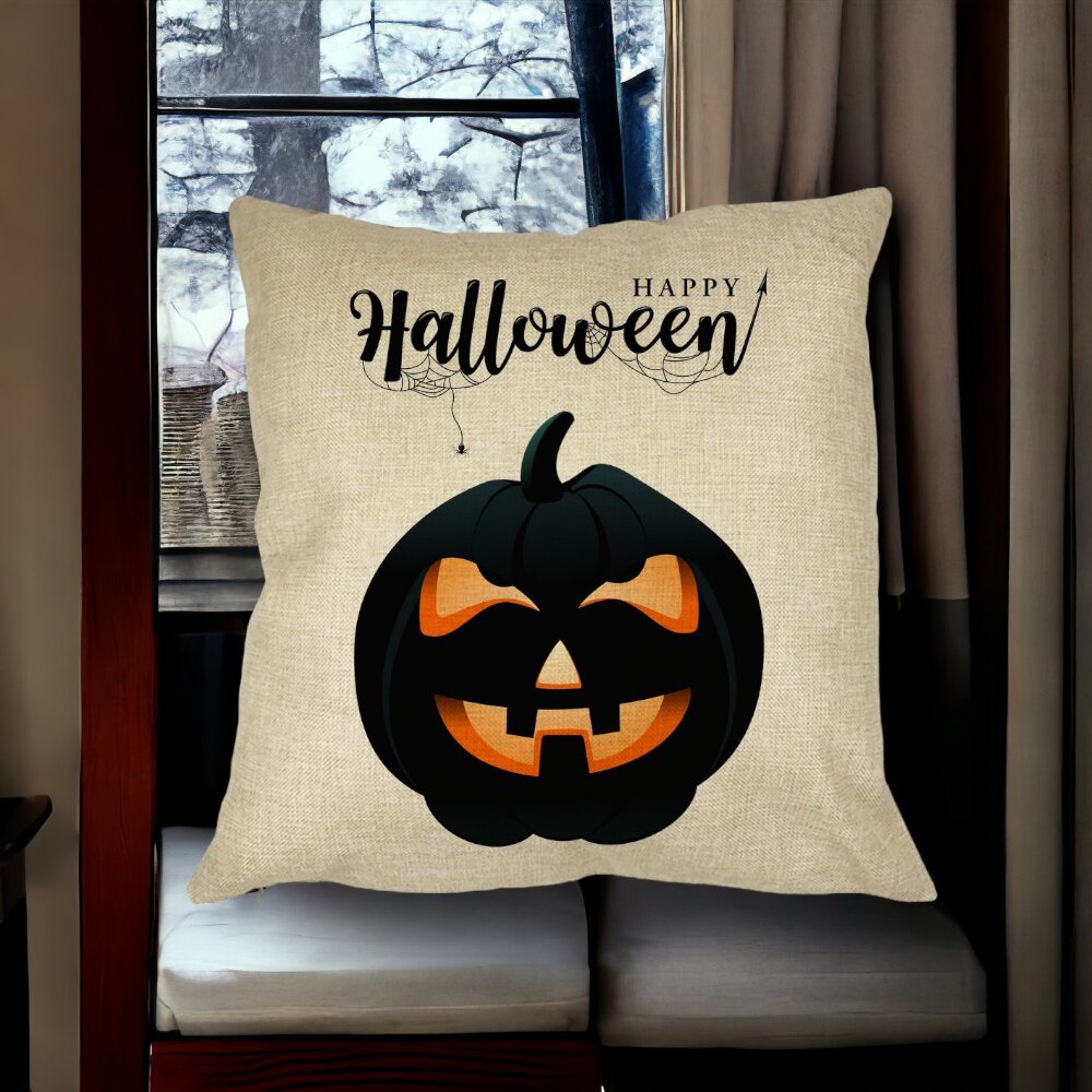 Perna Decorativa cu motiv Dovleac de Halloween si Text, 40x40 cm, Husa Detasabila, Burduf 14 Burduf