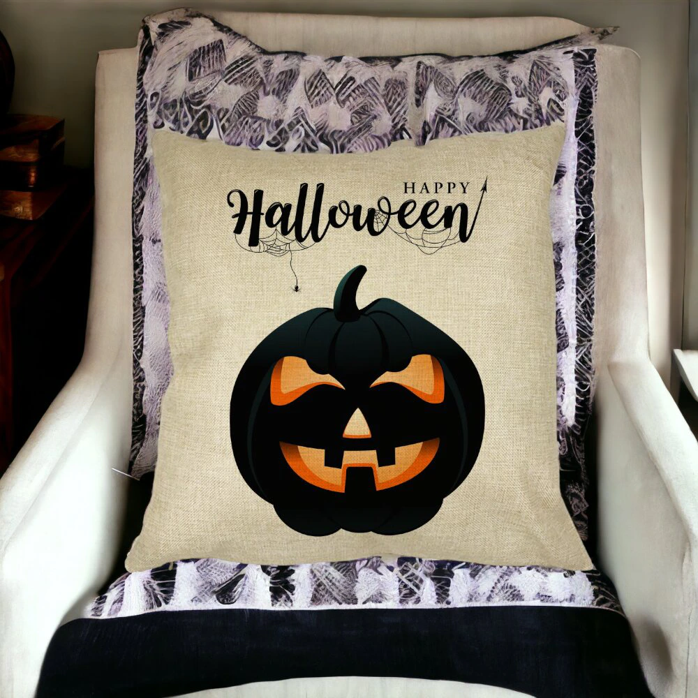 Perna Decorativa cu motiv Dovleac de Halloween si Text, 40x40 cm, Husa Detasabila, Burduf 13 Perna Decorativa cu motiv Dovleac de Halloween si Text