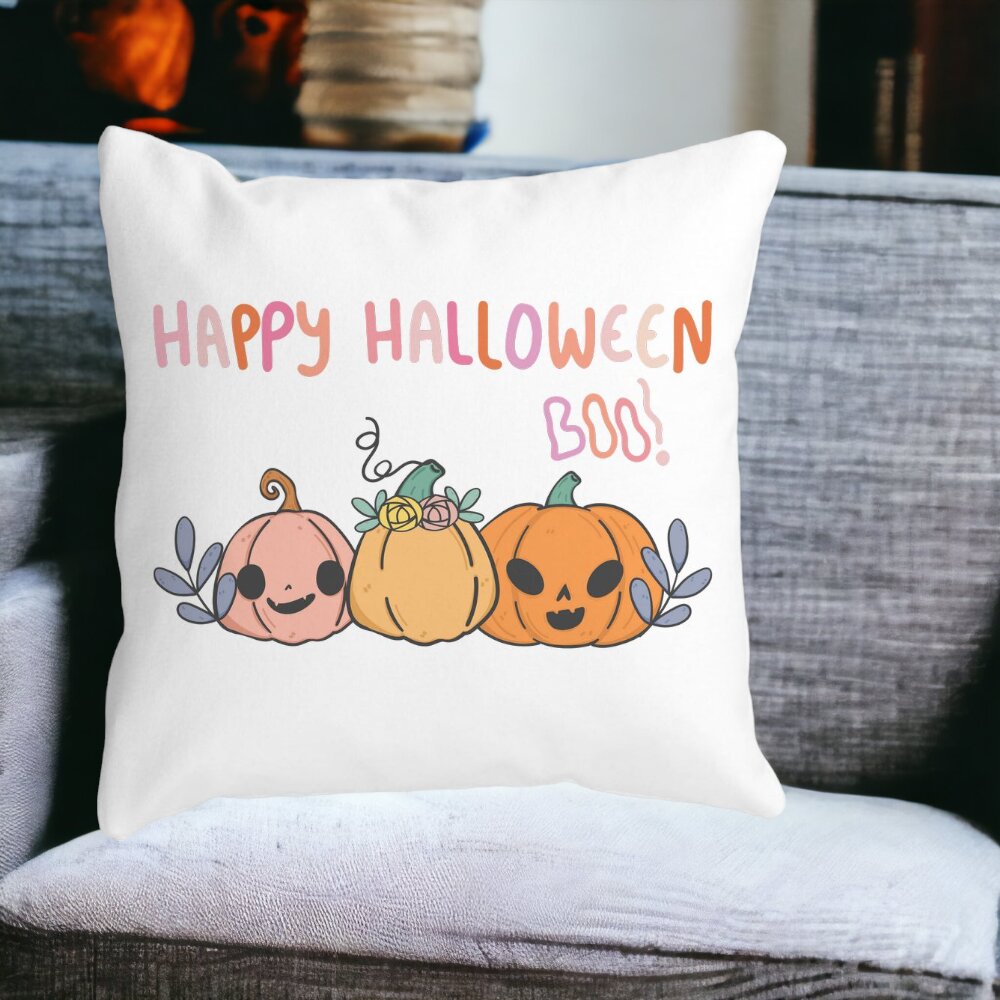 Perna Decorativa cu motiv Dovleac si Text de Halloween, Multicolor, 40x40 cm, Alba, Mata, Husa Detasabila, Burduf 12 Multicolor