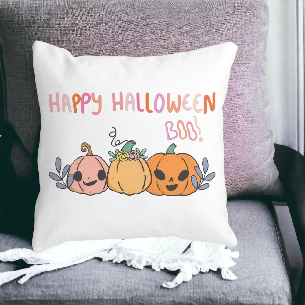 Perna Decorativa cu motiv Dovleac si Text de Halloween, Multicolor, 40x40 cm, Alba, Mata, Husa Detasabila, Burduf 13 40x40 cm