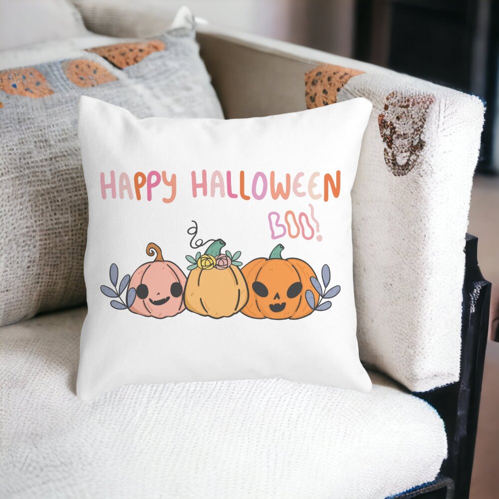 Perna Decorativa cu motiv Dovleac si Text de Halloween, Multicolor, 40x40 cm, Alba, Mata, Husa Detasabila, Burduf 14 Alba