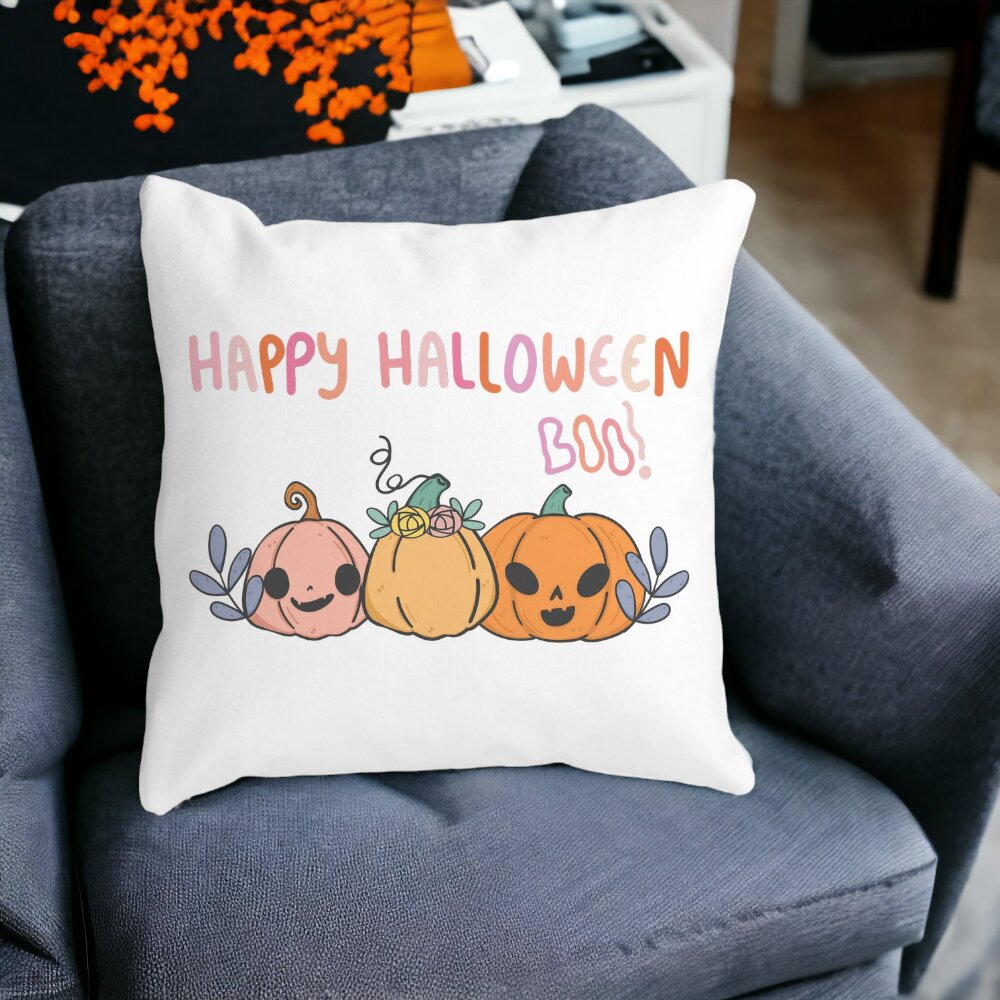 Perna Decorativa cu motiv Dovleac si Text de Halloween, Multicolor, 40x40 cm, Alba, Mata, Husa Detasabila, Burduf 15 Mata