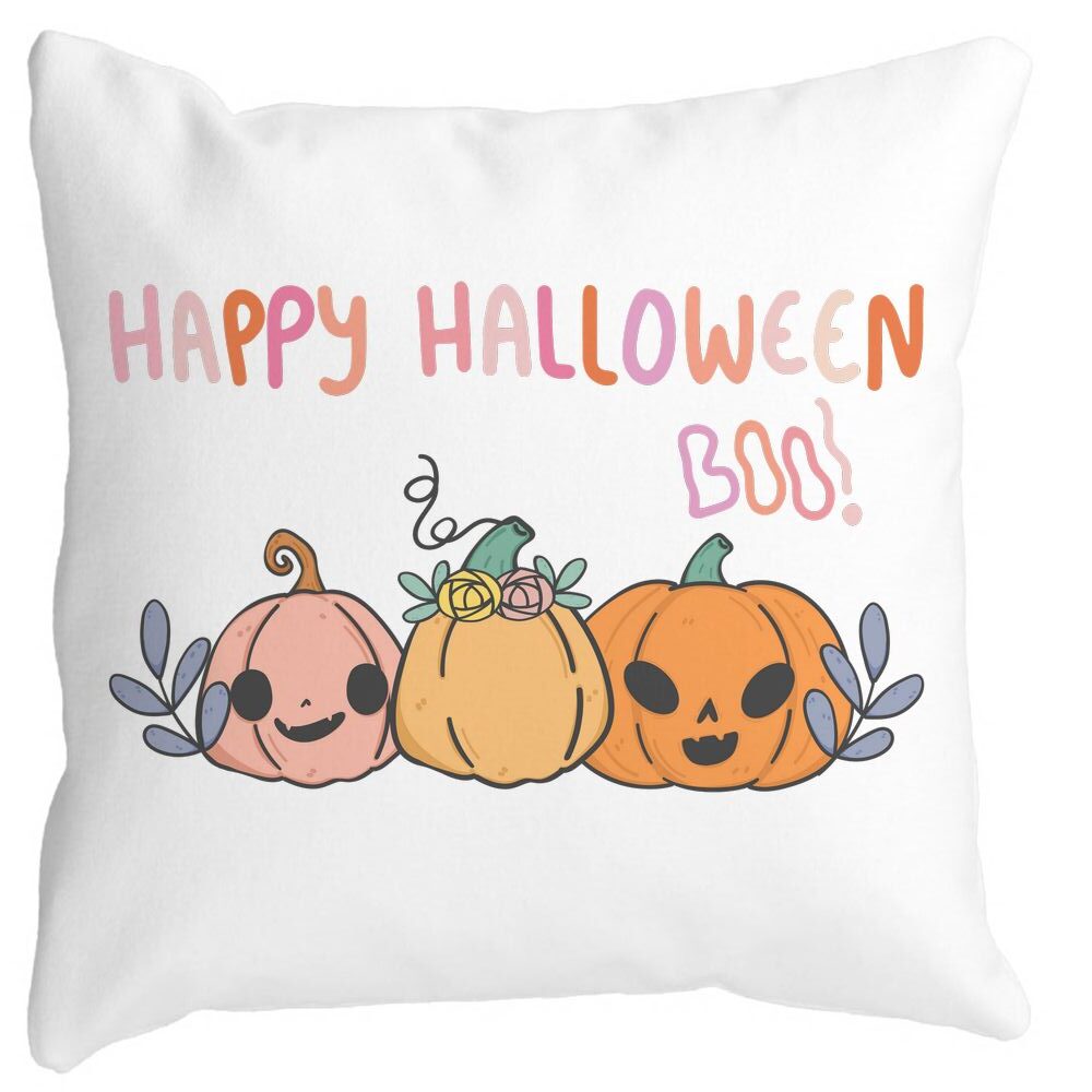 Perna Decorativa cu motiv Dovleac si Text de Halloween, Multicolor, 40x40 cm, Alba, Mata, Husa Detasabila, Burduf 11 Perna Decorativa cu motiv Dovleac si Text de Halloween